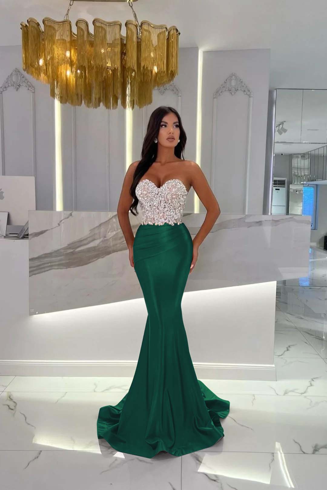Evening Formal Dress Satin Gold Prom Dress Sweetheart Sleeveless Strapless With Rhinstone Mermaid