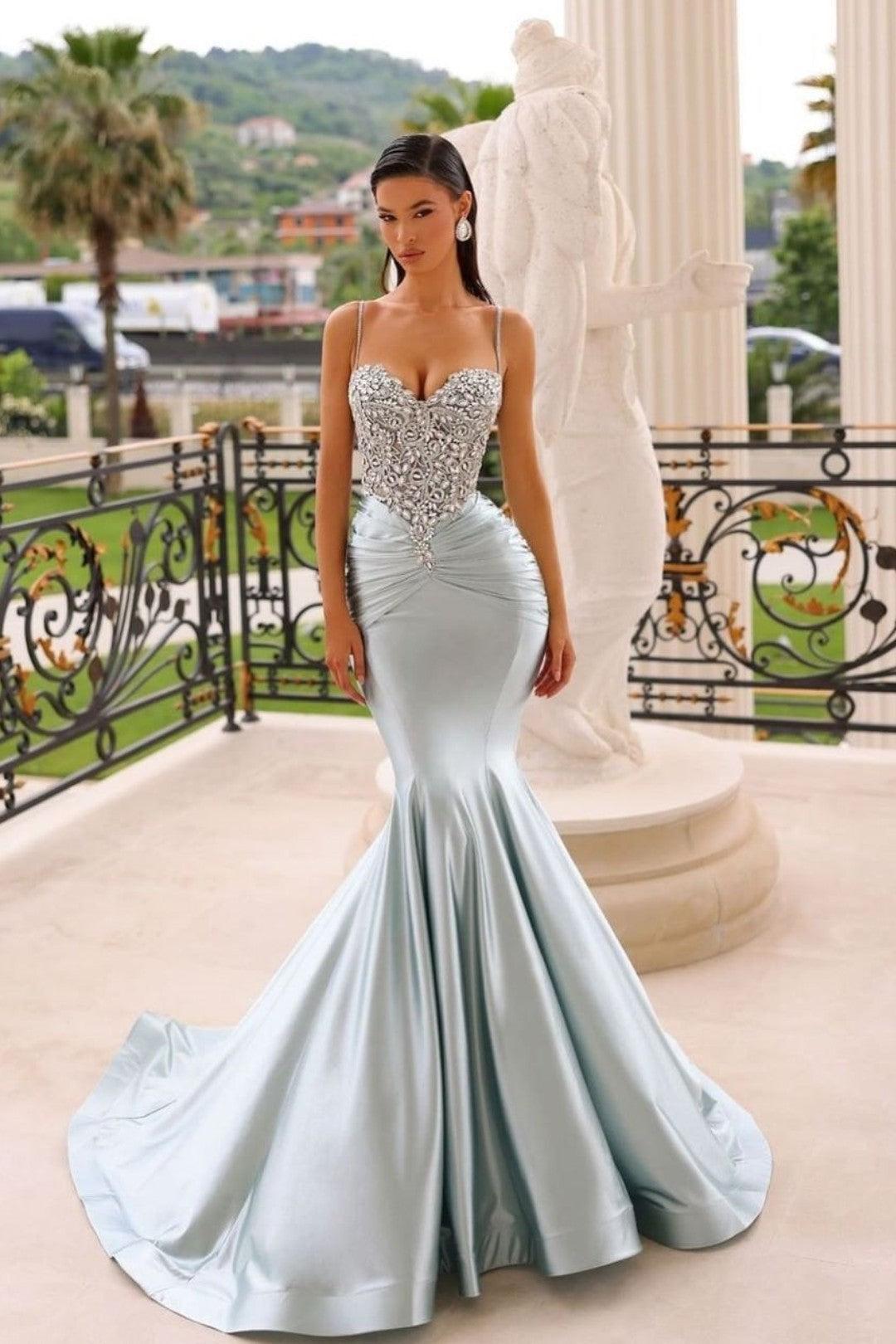 Evening Formal Dress Spaghetti Strap Long Mermaid Satin Sequined Beadings
