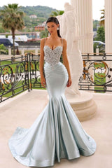 Evening Formal Dress Spaghetti Strap Long Mermaid Satin Sequined Beadings