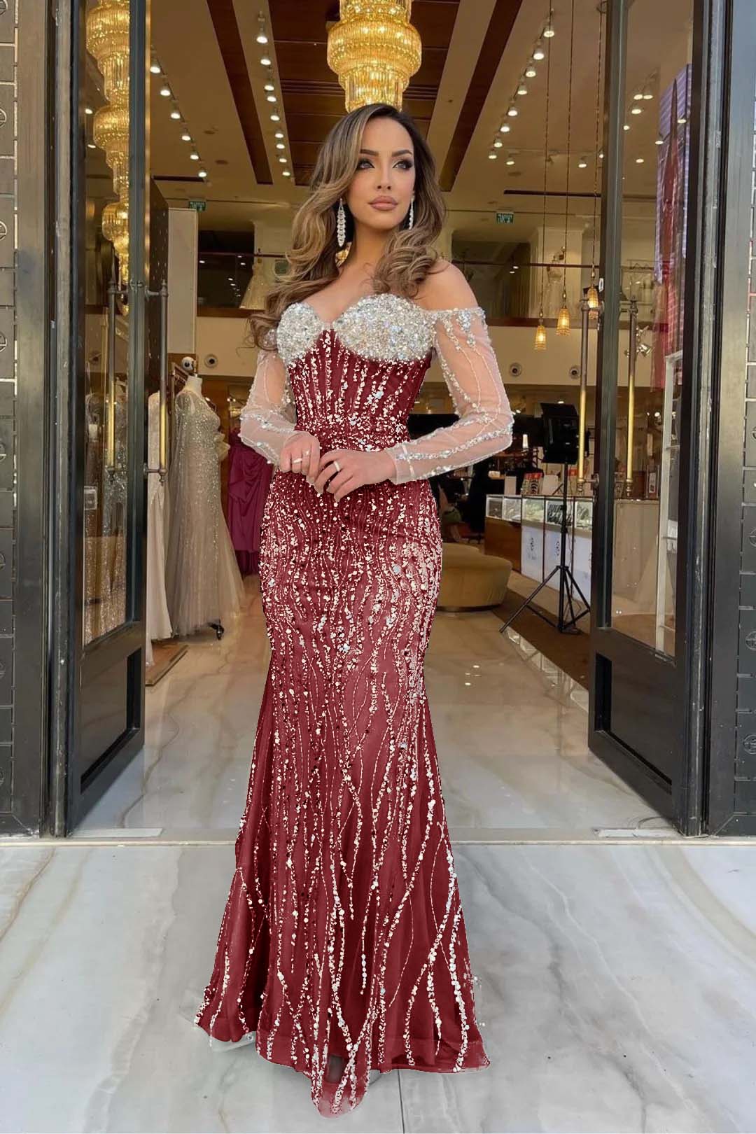 Evening Formal Dress Sweetheart Long Sleeves Strapless Beading Long Tulle