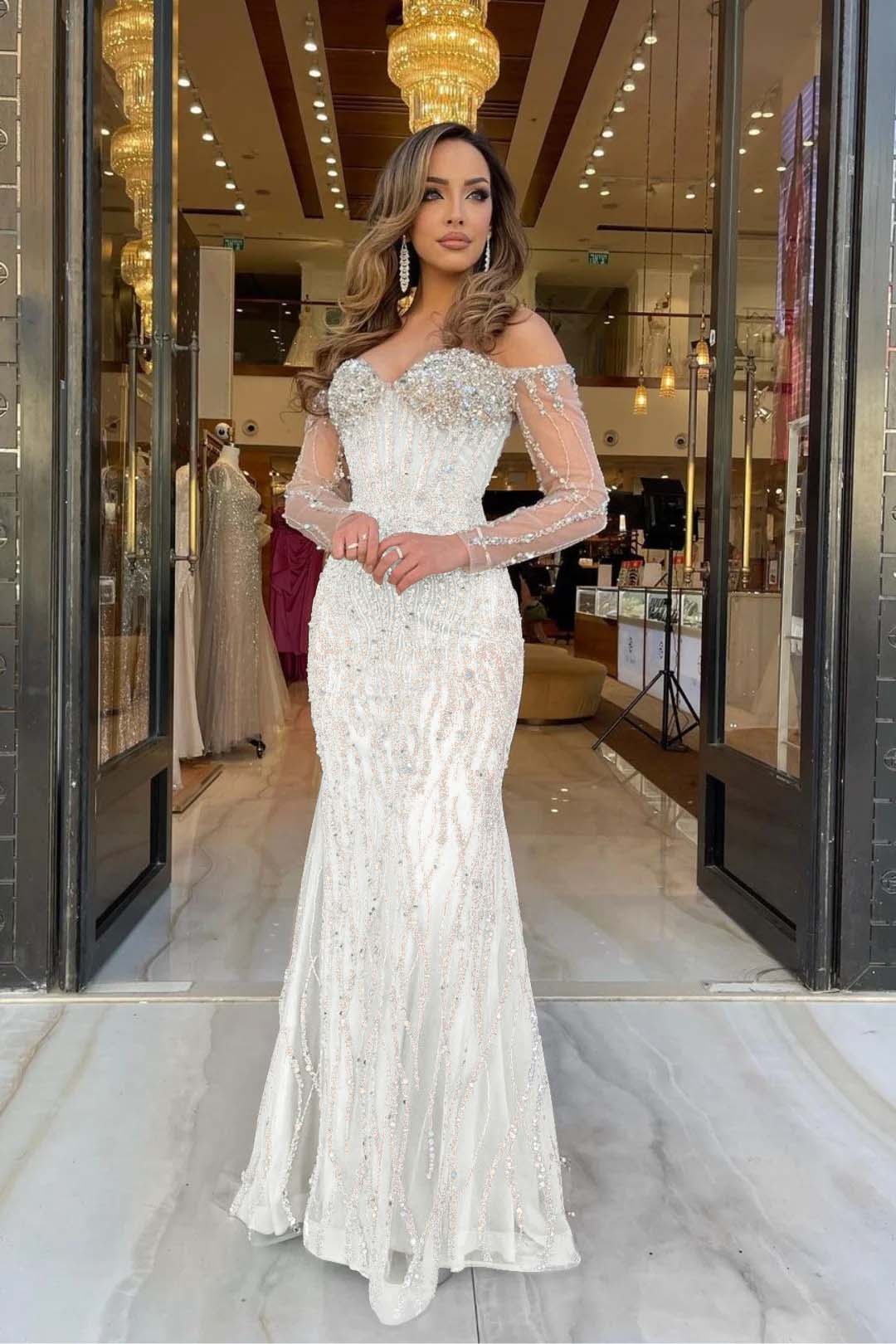 Evening Formal Dress Sweetheart Long Sleeves Strapless Beading Long Tulle