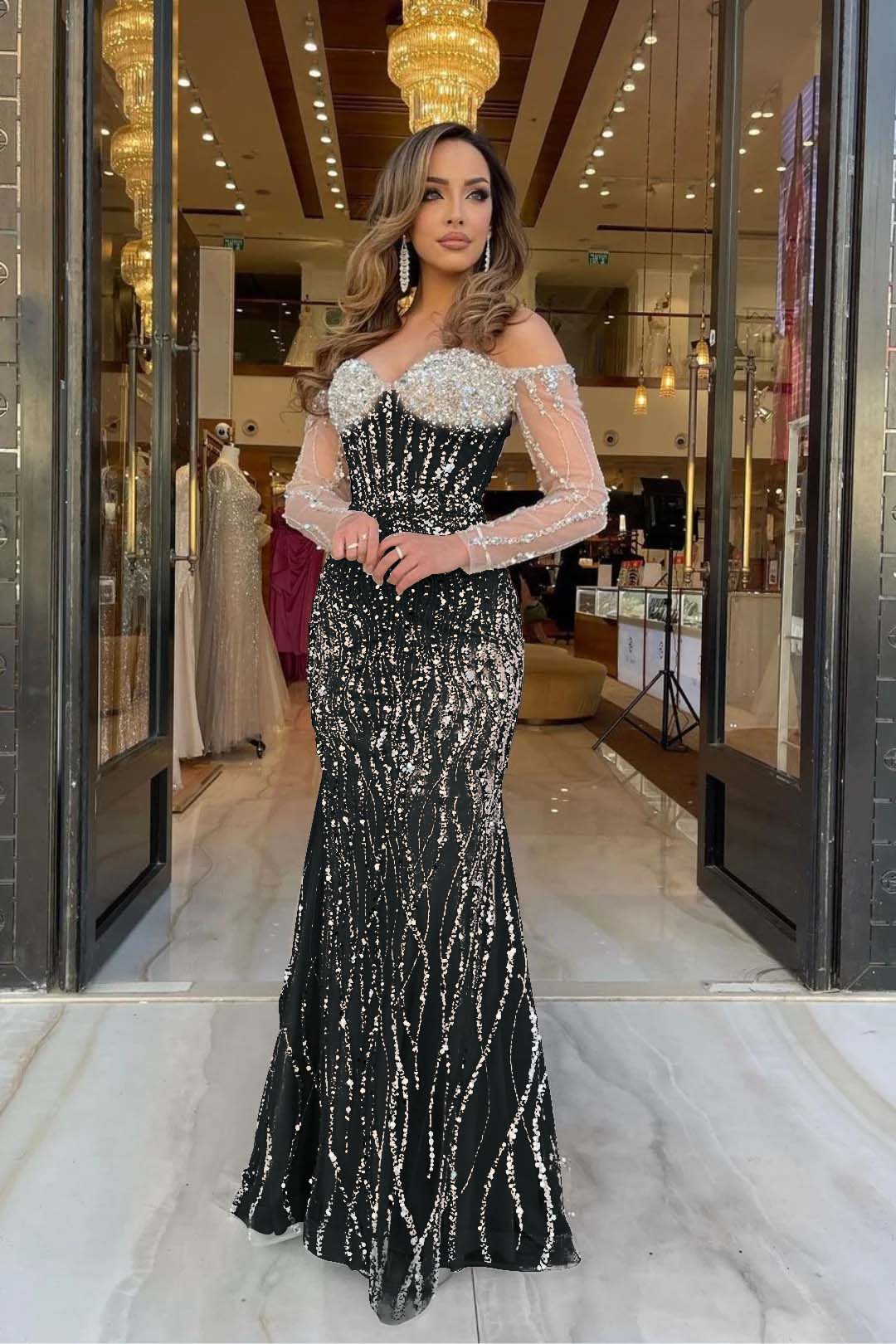 Evening Formal Dress Sweetheart Long Sleeves Strapless Beading Long Tulle