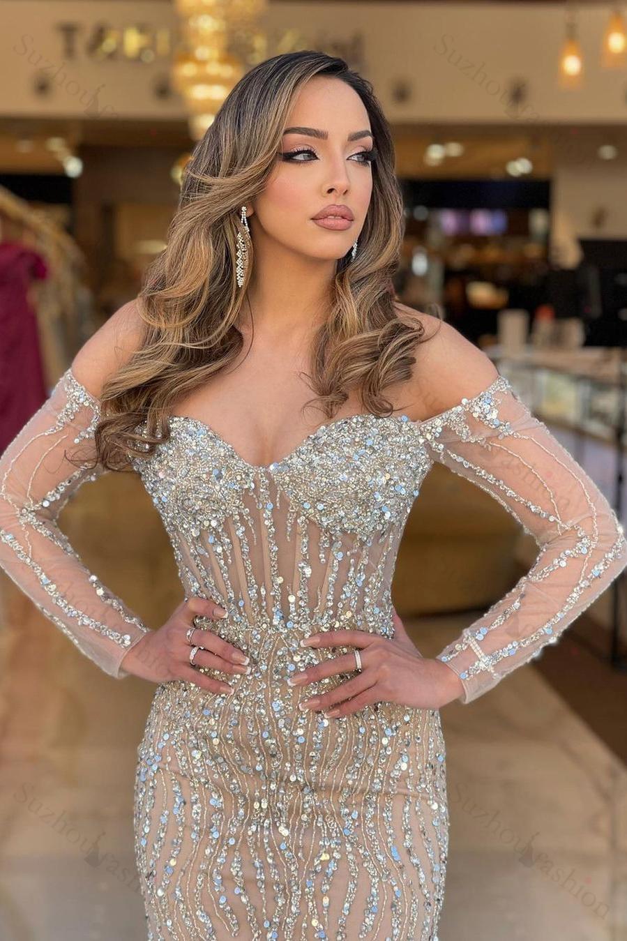 Evening Formal Dress Sweetheart Long Sleeves Strapless Beading Long Tulle