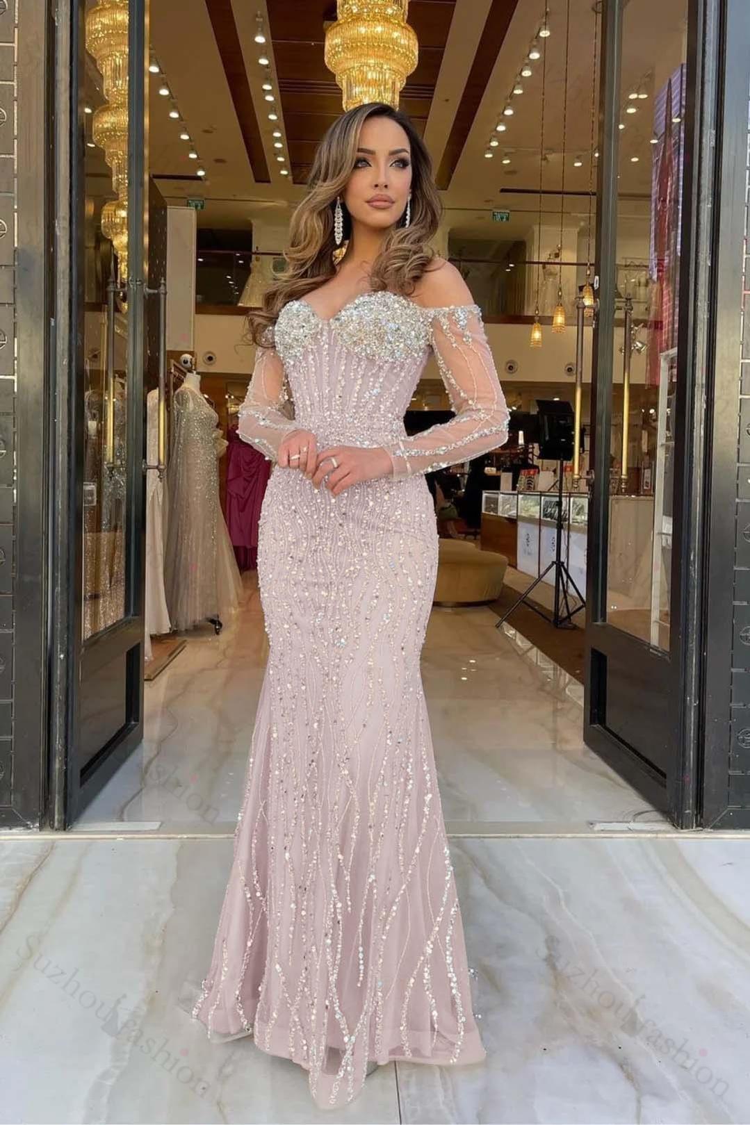 Evening Formal Dress Sweetheart Long Sleeves Strapless Beading Long Tulle