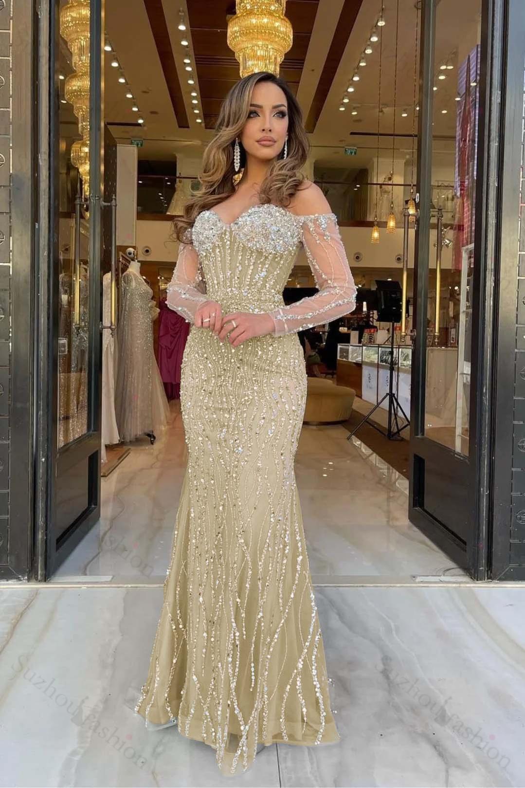 Evening Formal Dress Sweetheart Long Sleeves Strapless Beading Long Tulle