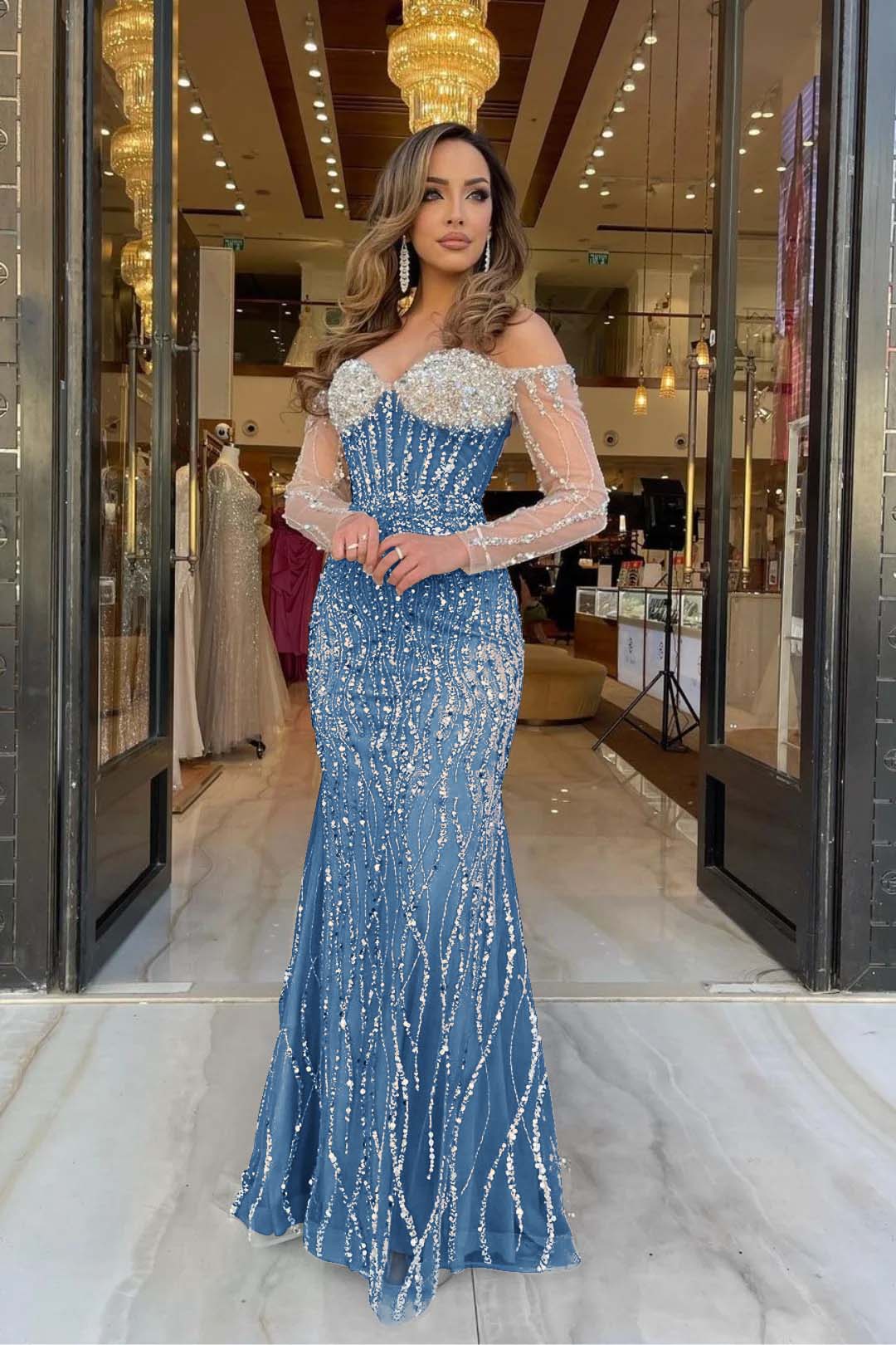 Evening Formal Dress Sweetheart Long Sleeves Strapless Beading Long Tulle