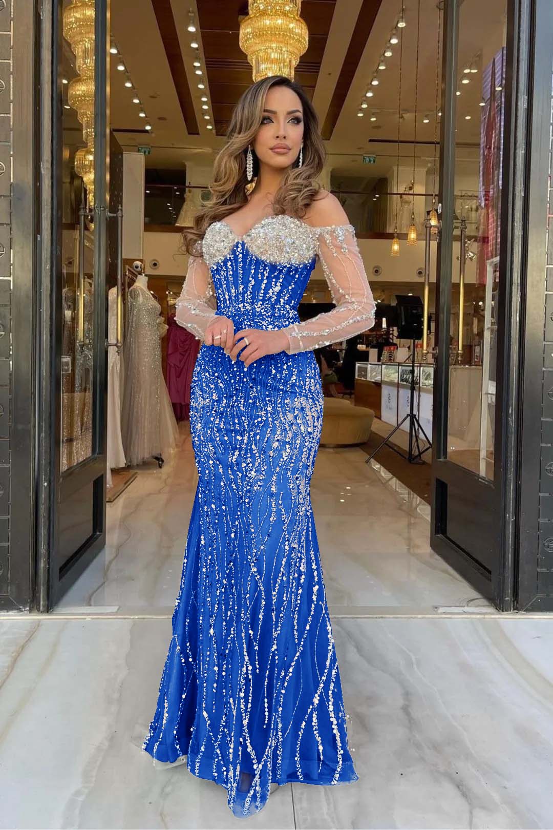 Evening Formal Dress Sweetheart Long Sleeves Strapless Beading Long Tulle