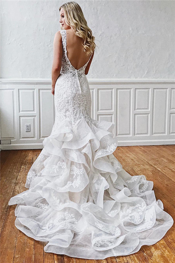 Excellent Sleeveless Ruffled Ivory V-neck Mermaid Appliques Wedding Dresses