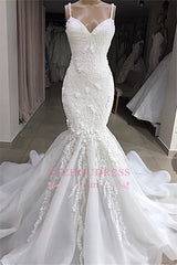 Excellent Sweetheart Spaghetti-Straps Sleeveless Appliques Mermaid Wedding Dresses