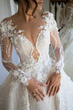 Exquisite Appliques Sheer Tulle Bridal Gowns | Long Sleeve A-line Wedding Dresses