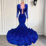 Exquisite Blue V-neck Sequins Long Sleeve Floor-length Mermaid Prom Dresses