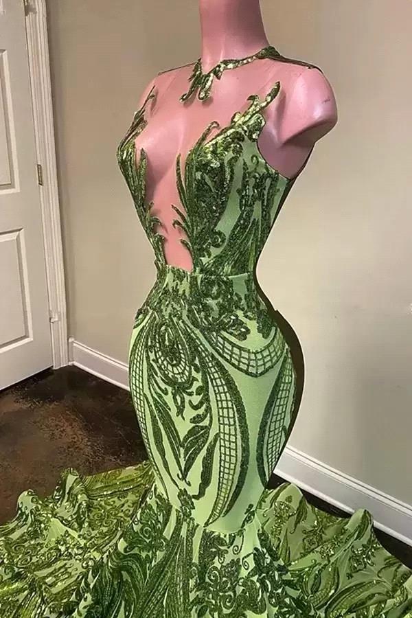 Exquisite Green V-neck Sequins Sleeveless Floor-length Mermaid Prom Dresses
