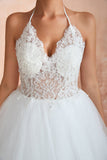 Exquisite Lace Halter Ball Gown White Wedding Dress with Open Back