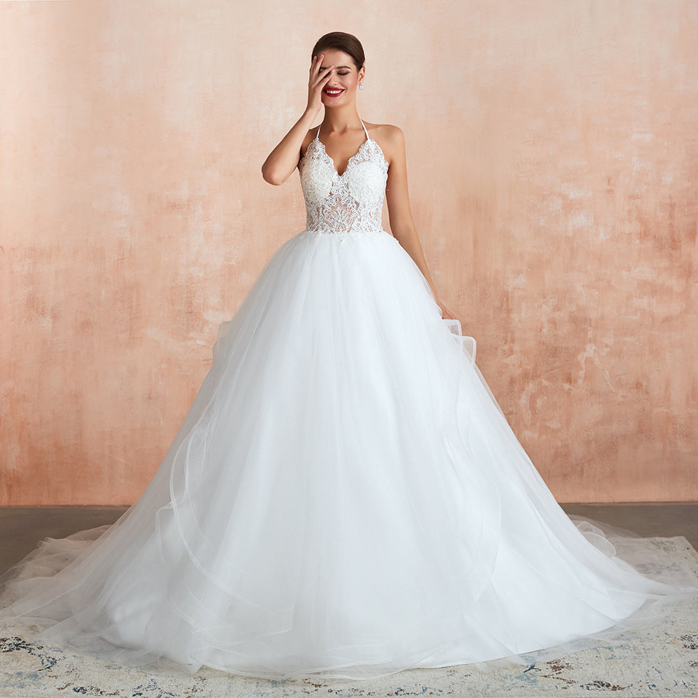 slim fit dress slacks Long White Halter Wedding Gown with Sheer Corset Waist Off White / 16 main image 0