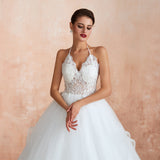 Exquisite Lace Halter Ball Gown White Wedding Dress with Open Back
