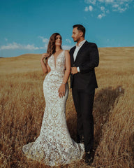 Eye-catching Ivory V Neck Lace See-Through Mermaid Beach Wedding Dresses