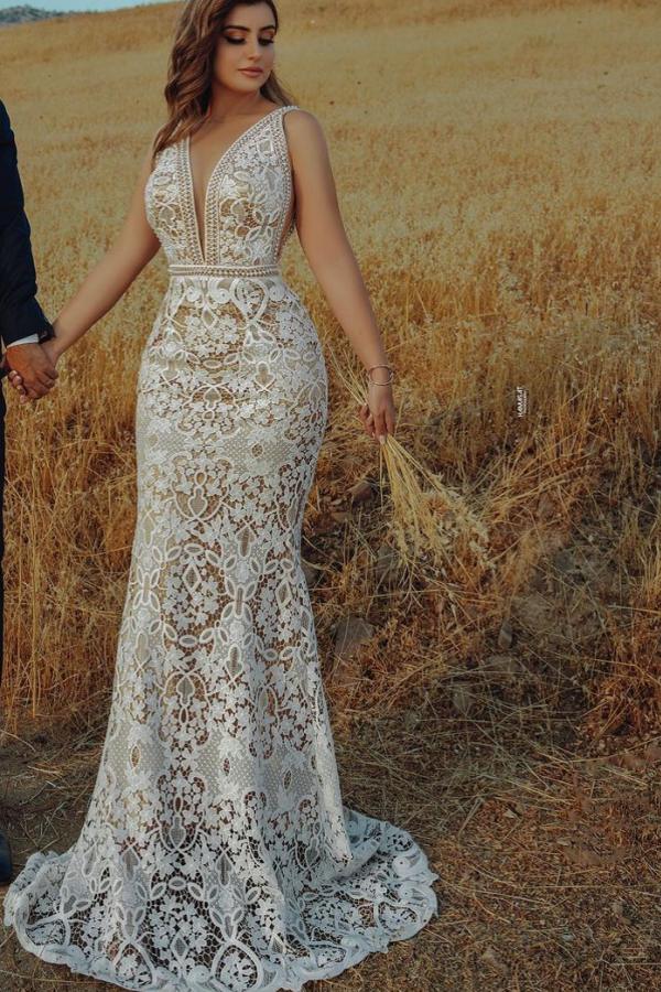 Eye-catching Ivory V Neck Lace See-Through Mermaid Beach Wedding Dresses