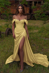 Eye-catching Off The Shoulder Satin Dusty Pink Split Mermaid Evening Dresses