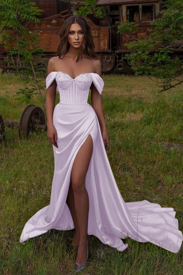 Eye-catching Off The Shoulder Satin Dusty Pink Split Mermaid Evening Dresses