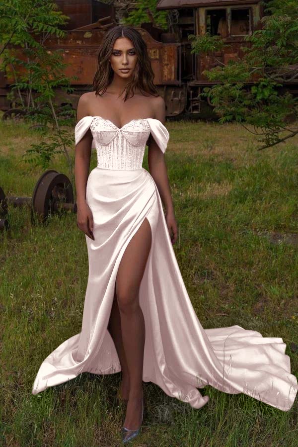 Eye-catching Off The Shoulder Satin Dusty Pink Split Mermaid Evening Dresses