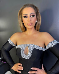 Fabulous Black Long Sleeves Mermaid Satin Prom Dresses with beads