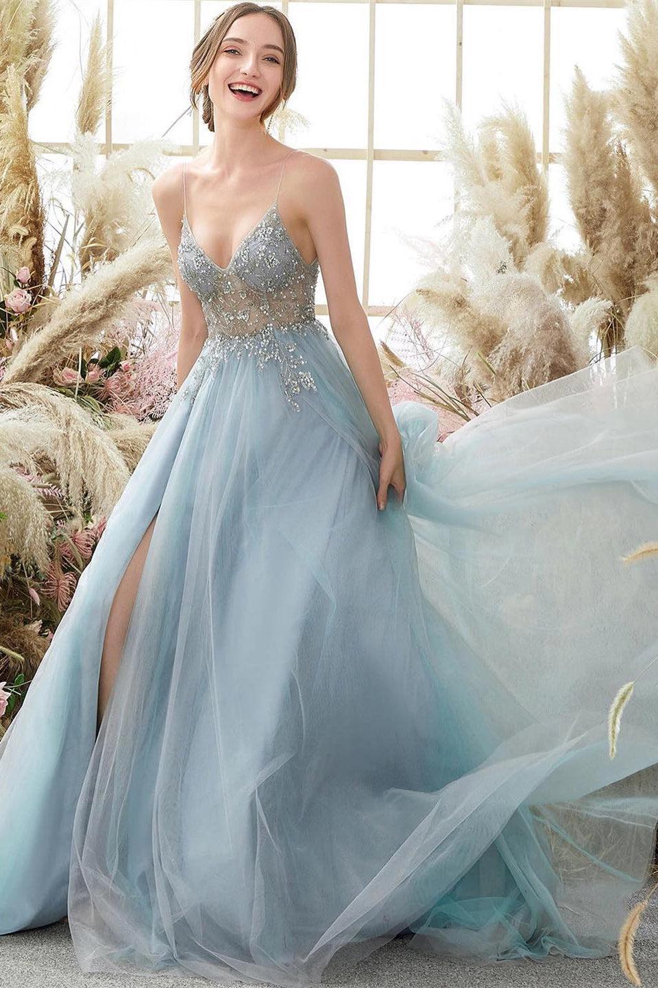 Fabulous Blue V-Neck Spaghetti-Straps Split Beading Evening Dresses
