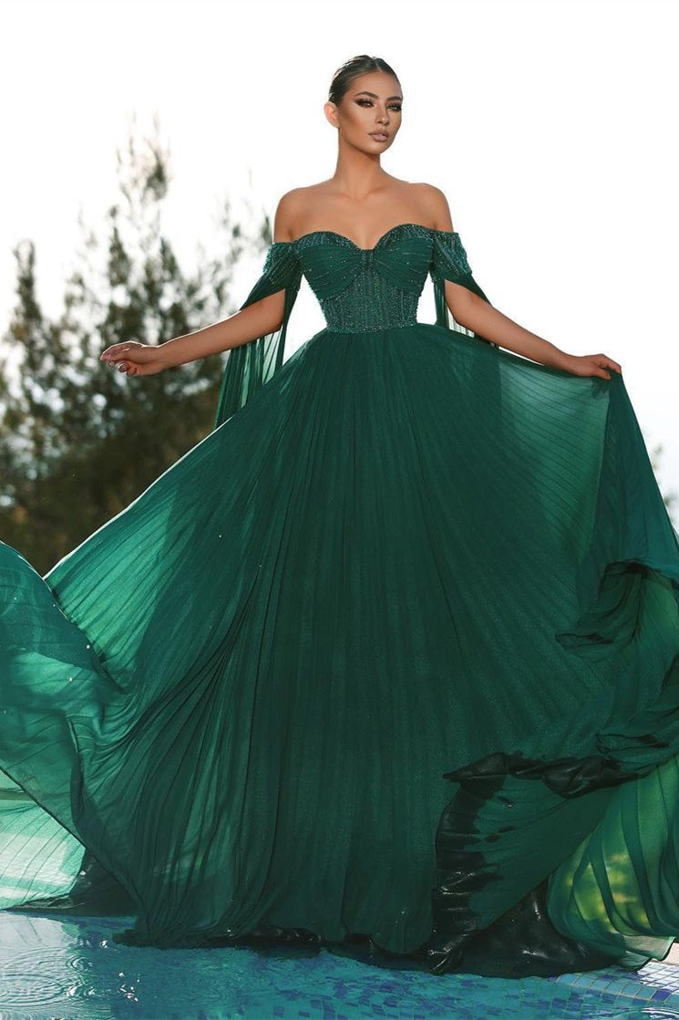 Fabulous Dark Green Off-the-shoulder Sequins Evening Dresses