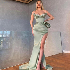 Fabulous Dusty Sage Spaghetti-Straps Mermaid Evening Dresses With Split