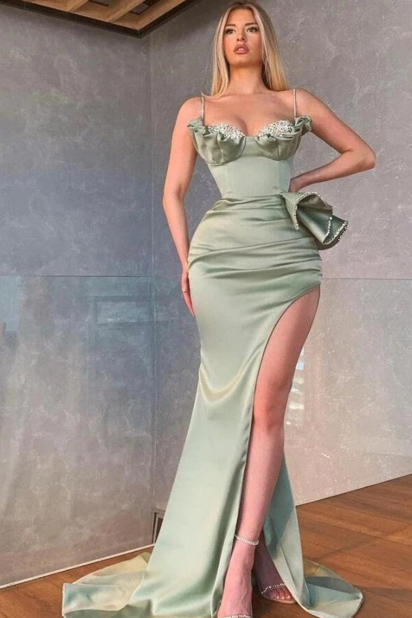 Fabulous Dusty Sage Spaghetti-Straps Mermaid Evening Dresses With Split