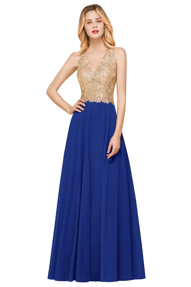 Fabulous Gold Appliques Party Dress Chiffon Lace Prom Long Ball Gown suzhoufashion Fabulous Gold Appliques Party Dress Chiffon Lace Prom Long Ball Gown suzhoufashion