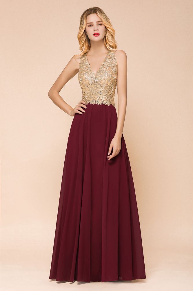 Fabulous Gold Appliques Party Dress Chiffon Lace Prom Long Ball Gown suzhoufashion Fabulous Gold Appliques Party Dress Chiffon Lace Prom Long Ball Gown suzhoufashion