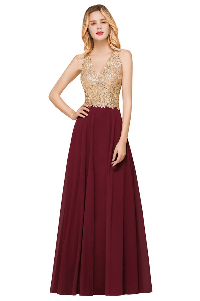 Fabulous Gold Appliques Party Dress Chiffon Lace Prom Long Ball Gown suzhoufashion Fabulous Gold Appliques Party Dress Chiffon Lace Prom Long Ball Gown suzhoufashion