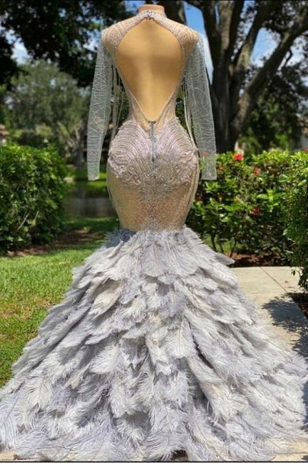 Fabulous Grey Sequined Beading Feather Mermaid Long Sleeves Tulle Prom Dresses