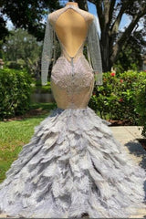 Fabulous Grey Sequined Beading Feather Mermaid Long Sleeves Tulle Prom Dresses