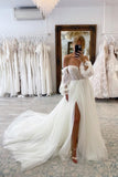 Fabulous Long A-line Tulle Split Bridal Gowns With Long Sleeves
