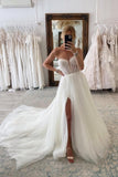 Fabulous Long A-line Tulle Split Bridal Gowns With Long Sleeves