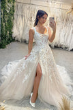 Fabulous Long Sleeveless Lace Bridal Dress With Split