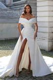 Fabulous Long White Off-the-shoulder Split Front Bridal Dress With Detachable Train