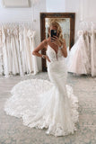 Fabulous Long White V-neck Mermaid Lace Bridal Gowns
