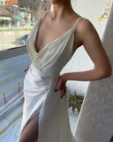 Fabulous Long White V-neck Pearls Sleeveless Prom Dresses With Split