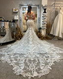 Fabulous Off-The-Shoulder Sleeveless Mermaid Lace Bridal Dress with Cathedral Train