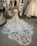 Fabulous Off-The-Shoulder Sleeveless Mermaid Lace Bridal Dress with Cathedral Train