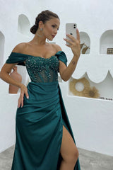 Fabulous Off-The-Shoulder Sleeveless Mermaid Satin Prom Dresses with Split