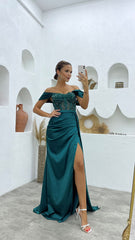 Fabulous Off-The-Shoulder Sleeveless Mermaid Satin Prom Dresses with Split