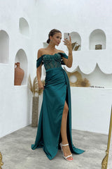 Fabulous Off-The-Shoulder Sleeveless Mermaid Satin Prom Dresses with Split