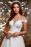Fabulous Off-the-Shoulder Jewel Cap Sleeves Long Lace Bridal Dress