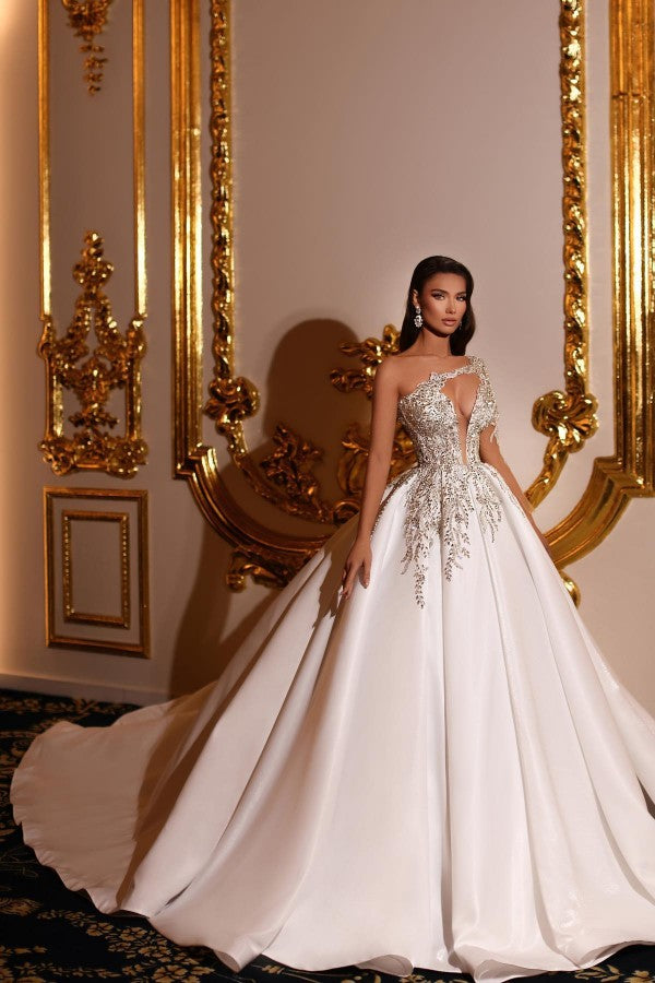 Fabulous Princess Long Long V-Neck One Shoulder Bridal Dress