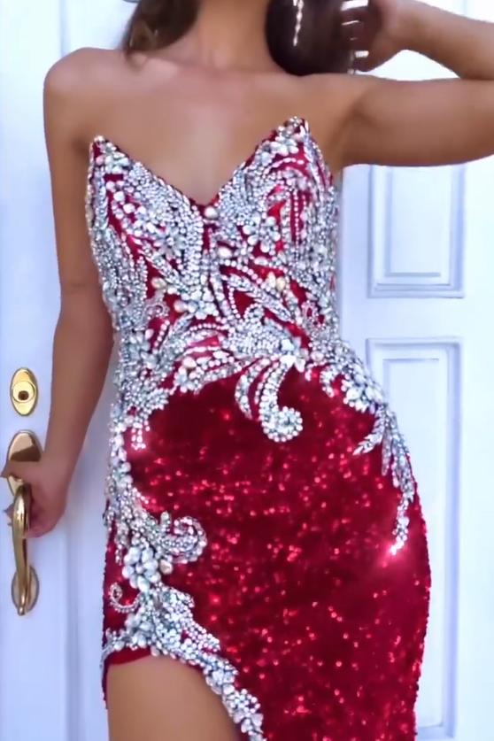 Fabulous Red Sleeveless Split Mermaid Evening Dresses With Crystal