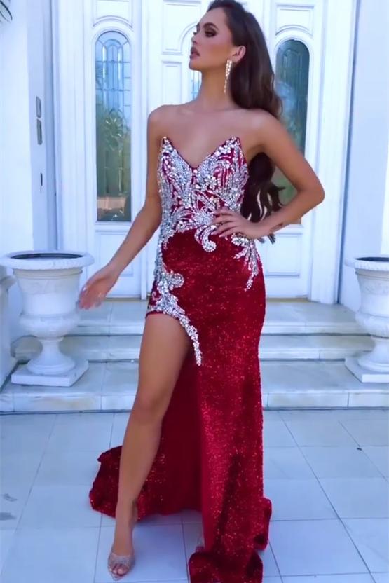 Fabulous Red Sleeveless Split Mermaid Evening Dresses With Crystal