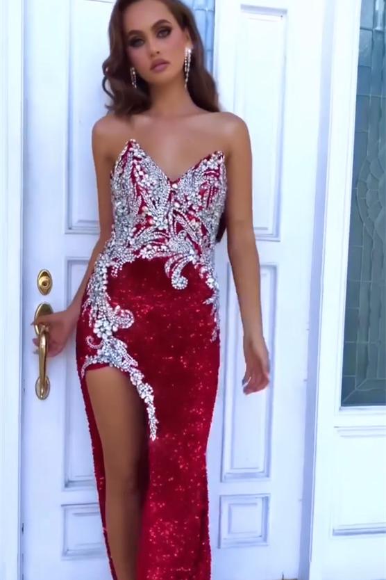 Fabulous Red Sleeveless Split Mermaid Evening Dresses With Crystal